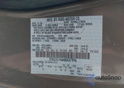 2006 Ford Freestar Se from USA, damaged, VIN 2FMZA51666BA37996